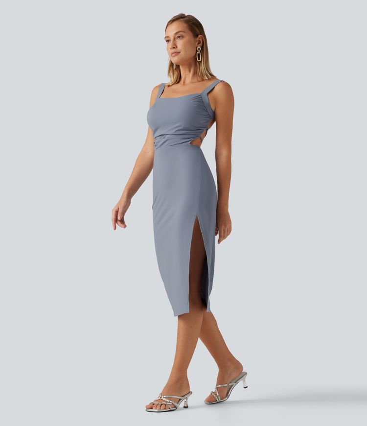 Ruched Lace Up Bodycon Midi Party Dress DD-F Cups