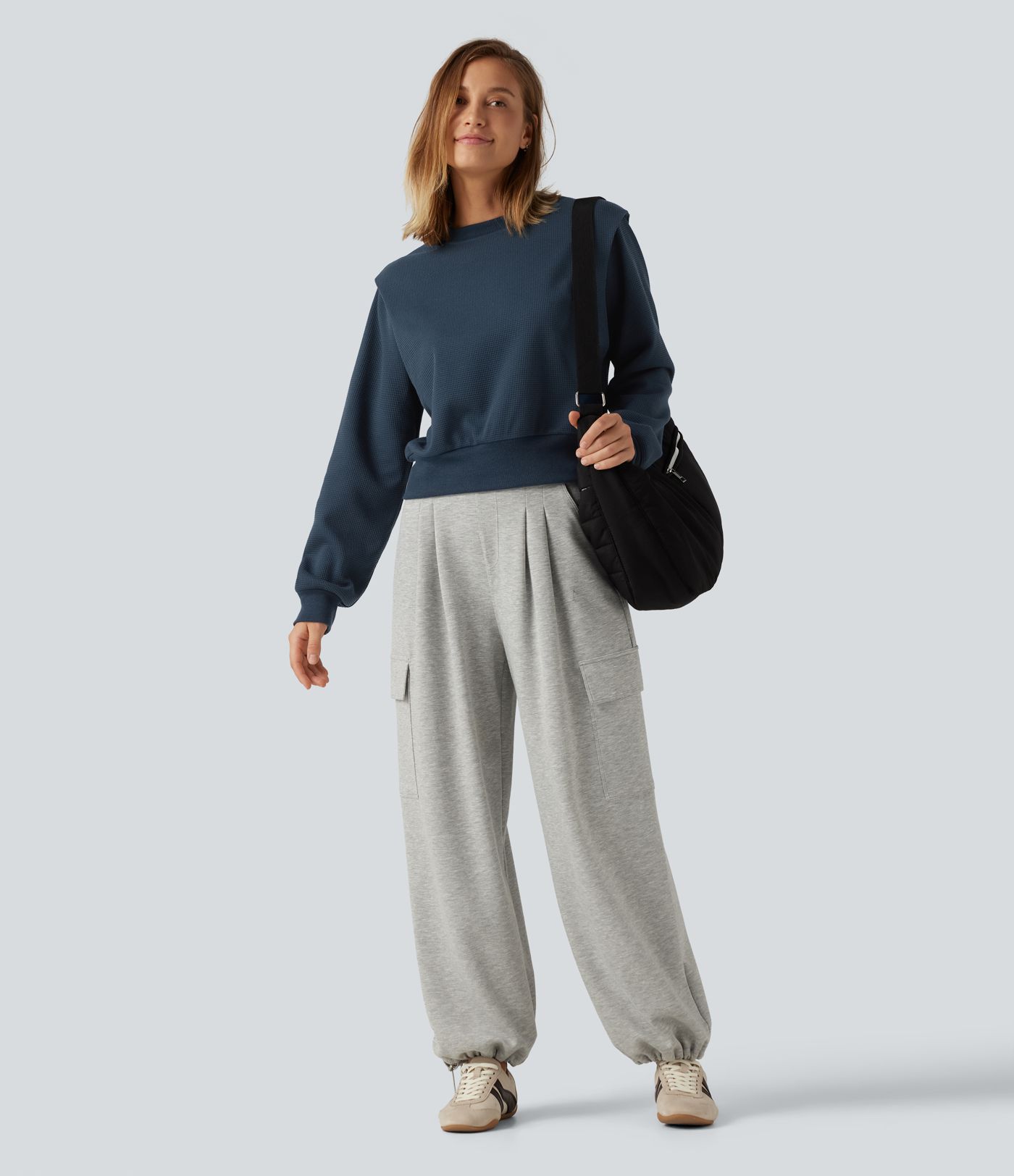 Round Neck Long Sleeve Waffle Casual Sweatshirt