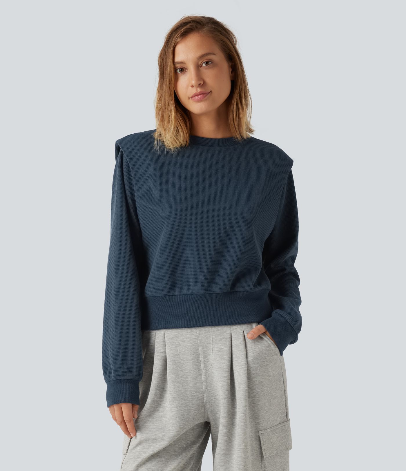 Round Neck Long Sleeve Waffle Casual Sweatshirt