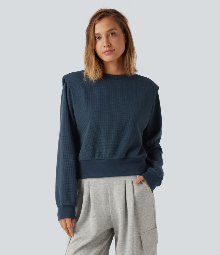 Round Neck Long Sleeve Waffle Casual Sweatshirt