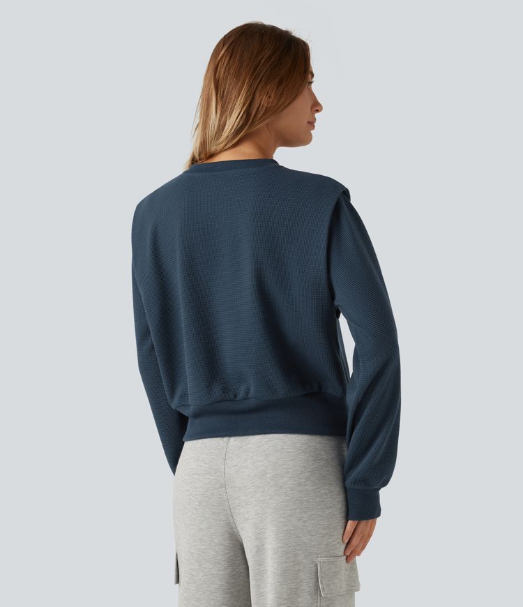 Round Neck Long Sleeve Waffle Casual Sweatshirt