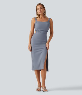 Ruched Lace Up Bodycon Midi Party Dress DD-F Cups