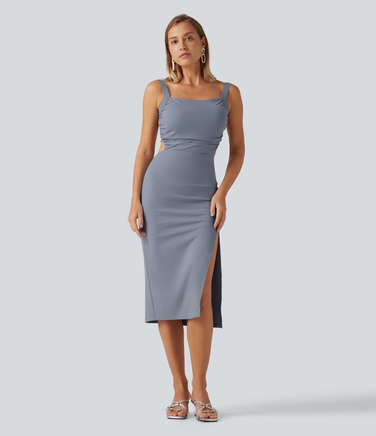 Ruched Lace Up Bodycon Midi Party Dress DD-F Cups