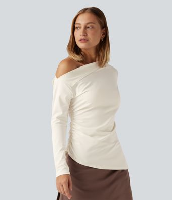 One Shoulder Long Sleeve Ruched Asymmetric Hem Casual Top