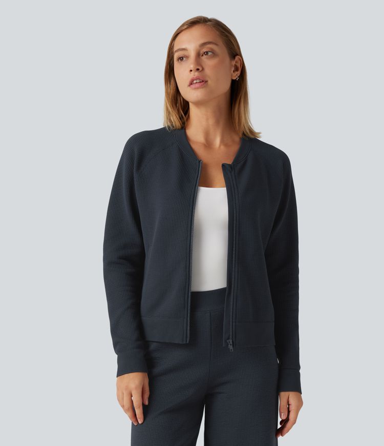 Round Neck Long Sleeve Waffle Casual Bomber Jacket with Pockets