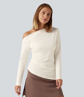 One Shoulder Long Sleeve Ruched Asymmetric Hem Casual Top
