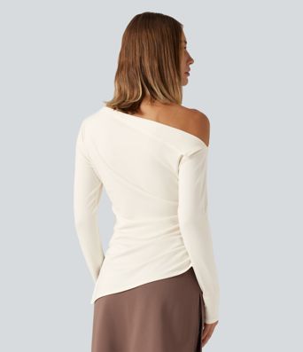 One Shoulder Long Sleeve Ruched Asymmetric Hem Casual Top