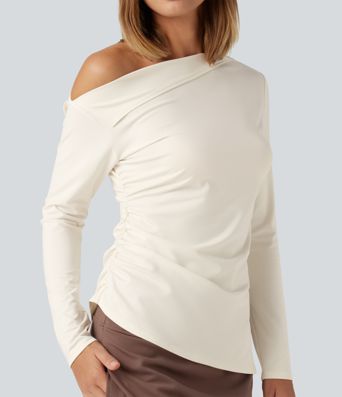 One Shoulder Long Sleeve Ruched Asymmetric Hem Casual Top