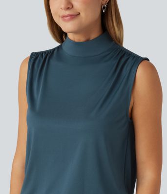 Stand Collar Ruched Work Tank Top