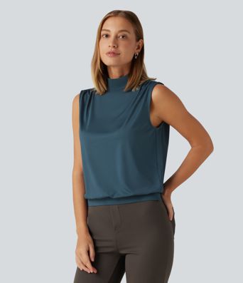 Stand Collar Ruched Work Tank Top