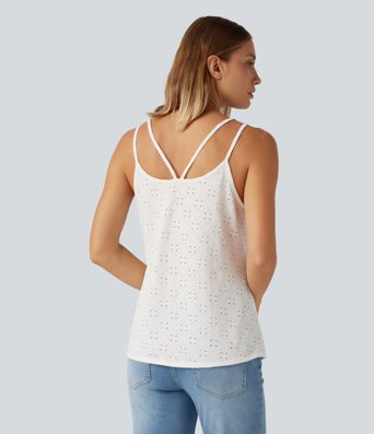 U Neck Eyelet Curved Hem Casual Tank Top