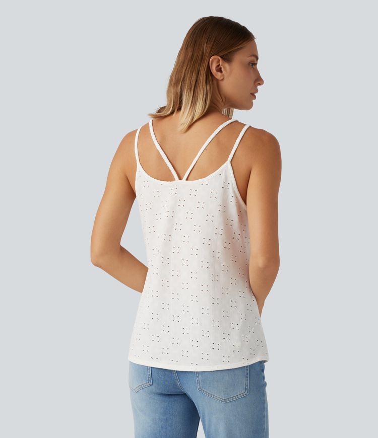 U Neck Eyelet Curved Hem Casual Tank Top