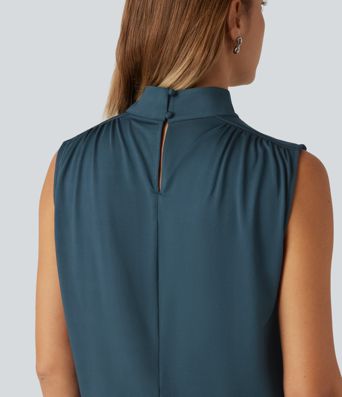 Stand Collar Ruched Work Tank Top