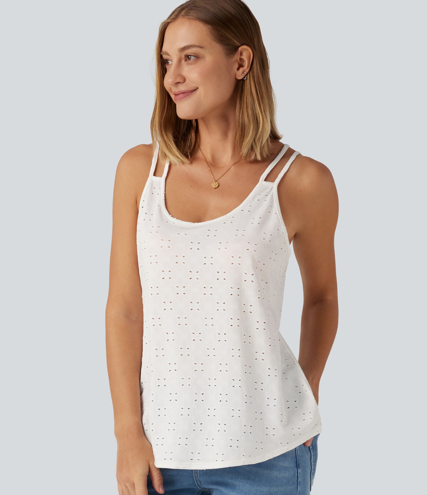 U Neck Eyelet Curved Hem Casual Tank Top