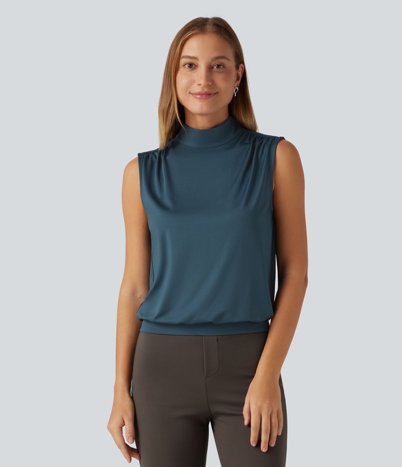 Stand Collar Ruched Work Tank Top