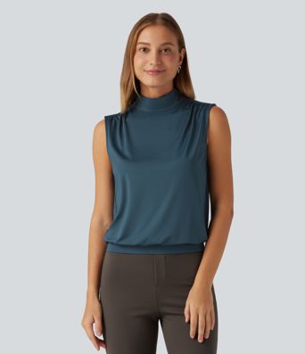 Stand Collar Ruched Work Tank Top