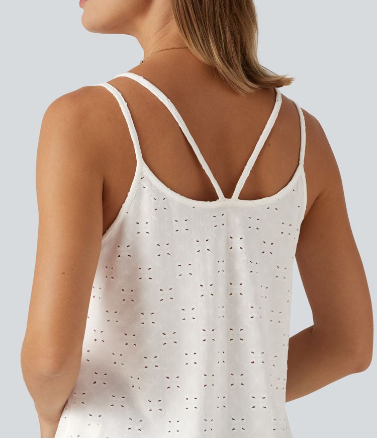 U Neck Eyelet Curved Hem Casual Tank Top