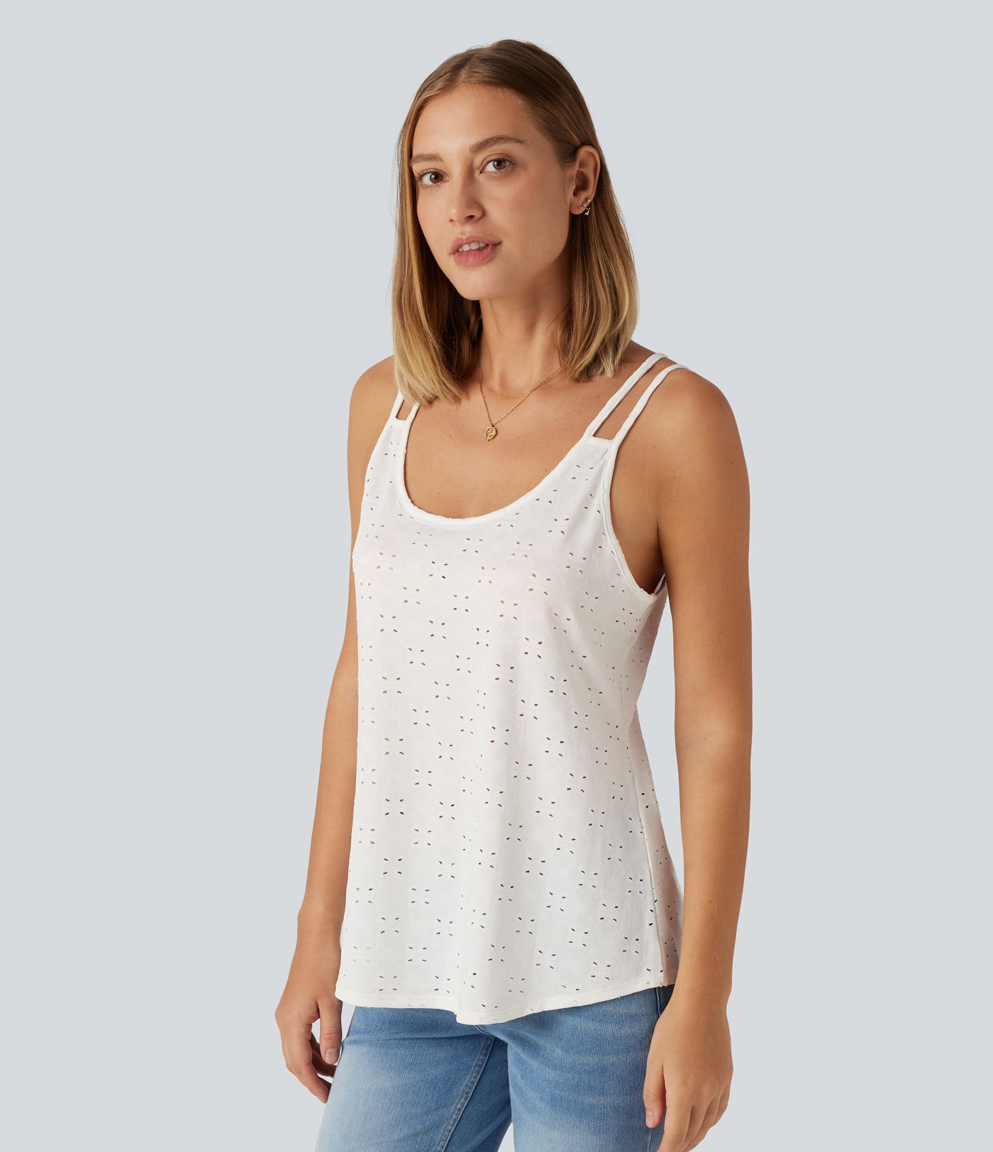 U Neck Eyelet Curved Hem Casual Tank Top