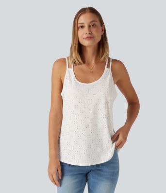 U Neck Eyelet Curved Hem Casual Tank Top