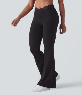 Halara UltraSculpt™ V-Shaped High Waisted Contrast Lace Yoga Flare Leggings with Pockets