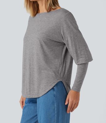 Boat Neck Long Batwing Sleeve Curved Hem Casual Wool-Blend Top