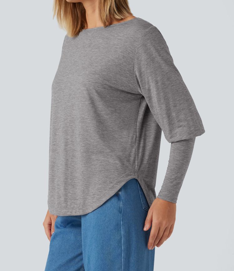 Boat Neck Long Batwing Sleeve Curved Hem Casual Wool-Blend Top