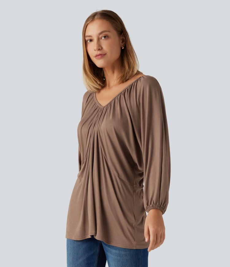 V Neck Batwing Long Sleeve Tie Ruched Casual Blouse