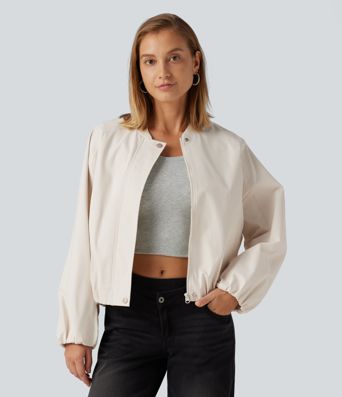 Round Neck Long Sleeve Casual Bomber Jacket with Pockets