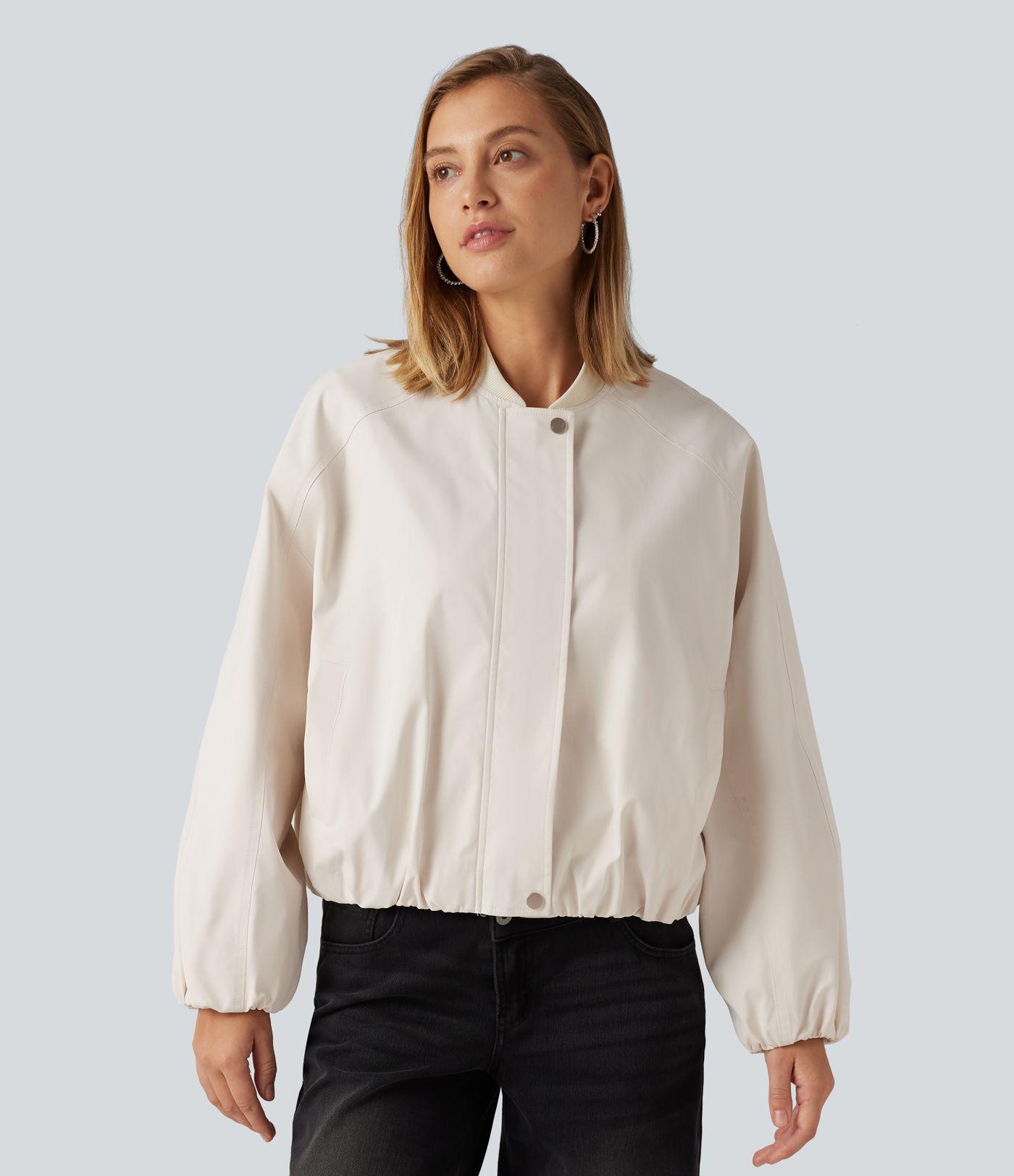 Round Neck Long Sleeve Casual Bomber Jacket with Pockets