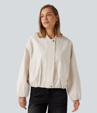 Round Neck Long Sleeve Casual Bomber Jacket with Pockets