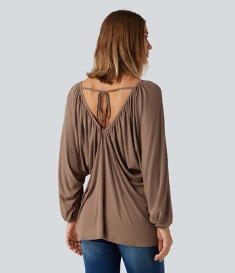 V Neck Batwing Long Sleeve Tie Ruched Casual Blouse