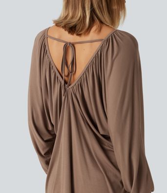 V Neck Batwing Long Sleeve Tie Ruched Casual Blouse