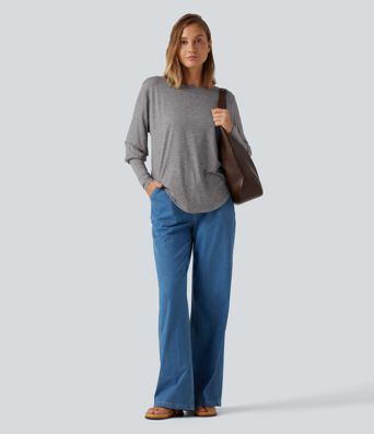 Boat Neck Long Batwing Sleeve Curved Hem Casual Wool-Blend Top