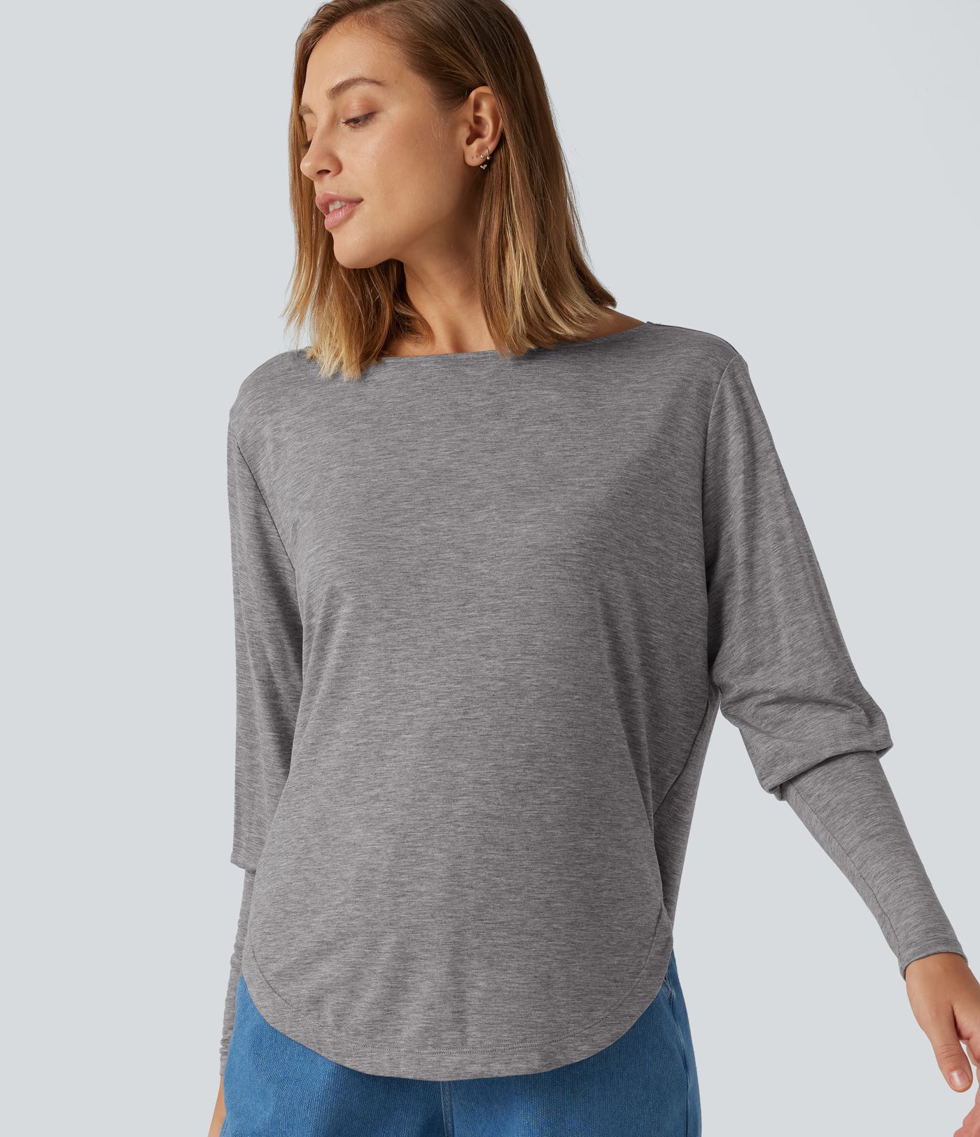 Boat Neck Long Batwing Sleeve Curved Hem Casual Wool-Blend Top