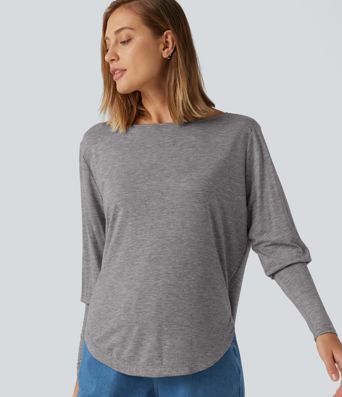 Boat Neck Long Batwing Sleeve Curved Hem Casual Wool-Blend Top