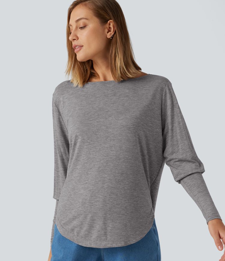 Boat Neck Long Batwing Sleeve Curved Hem Casual Wool-Blend Top