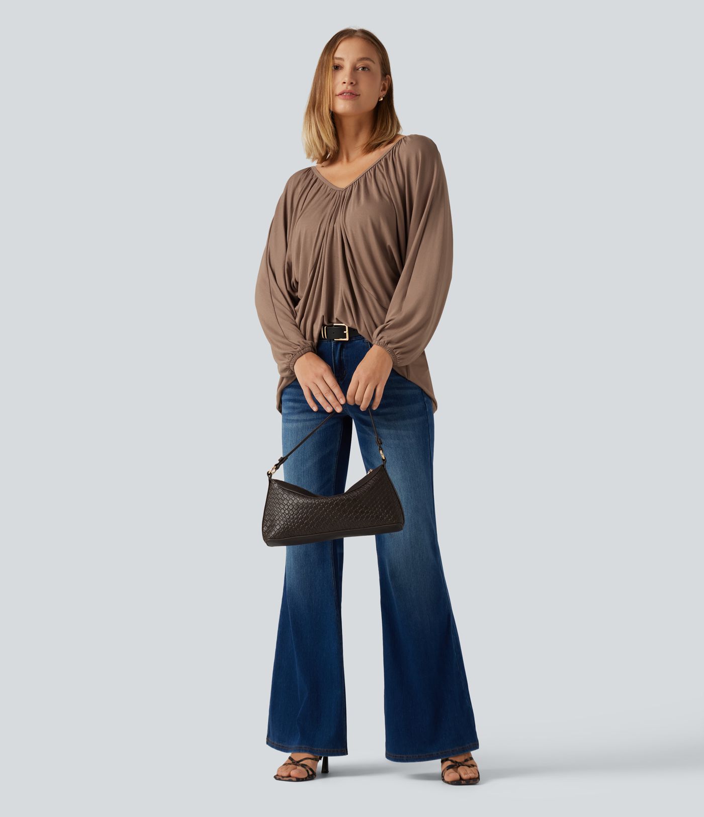 V Neck Batwing Long Sleeve Tie Ruched Casual Blouse