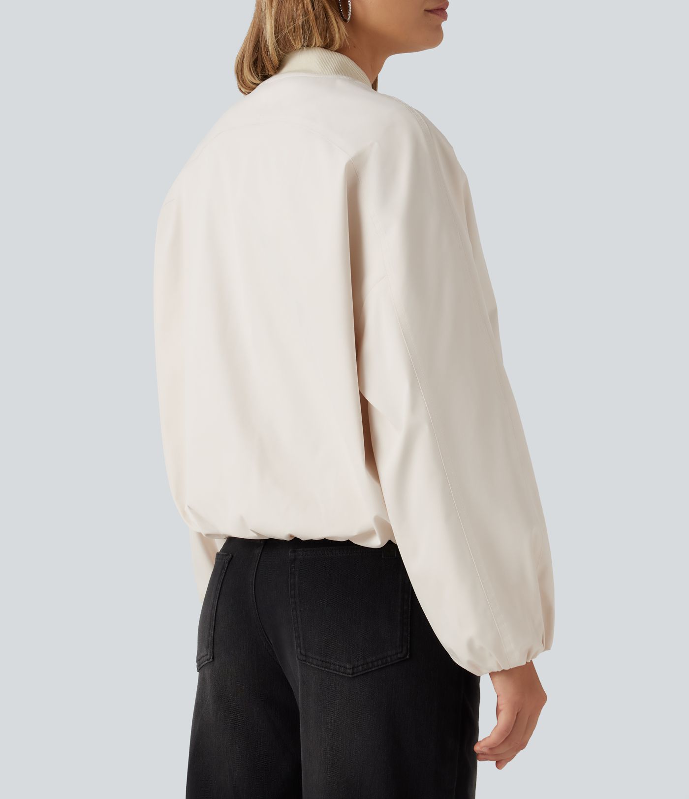 Round Neck Long Sleeve Casual Bomber Jacket with Pockets