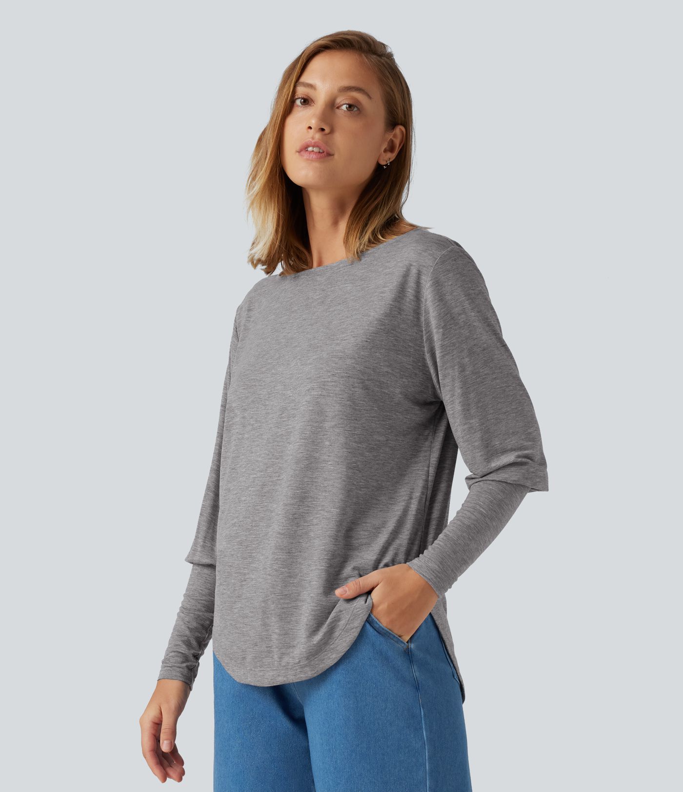 Boat Neck Long Batwing Sleeve Curved Hem Casual Wool-Blend Top