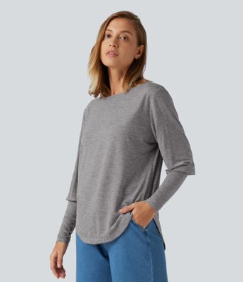 Boat Neck Long Batwing Sleeve Curved Hem Casual Wool-Blend Top