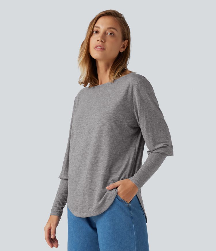 Boat Neck Long Batwing Sleeve Curved Hem Casual Wool-Blend Top