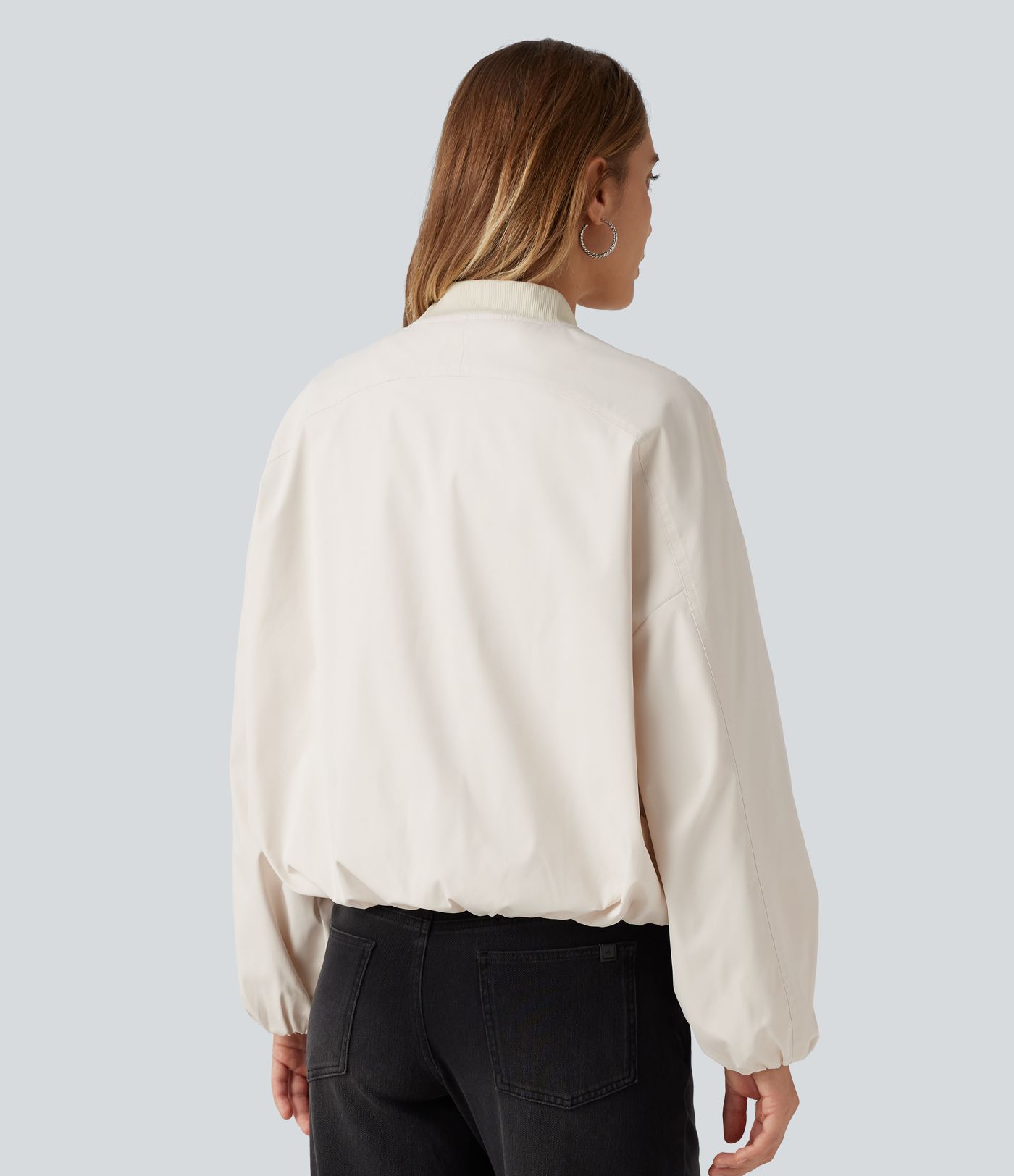 Round Neck Long Sleeve Casual Bomber Jacket with Pockets
