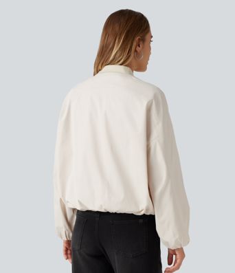 Round Neck Long Sleeve Casual Bomber Jacket with Pockets