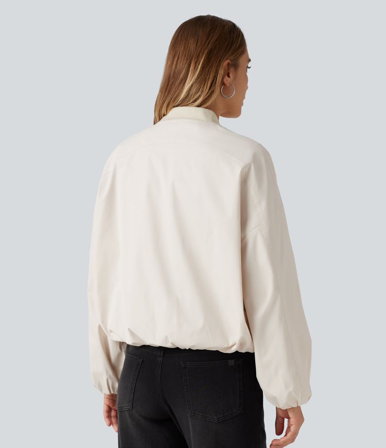 Round Neck Long Sleeve Casual Bomber Jacket with Pockets