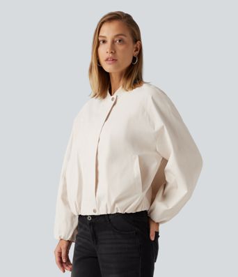Round Neck Long Sleeve Casual Bomber Jacket with Pockets