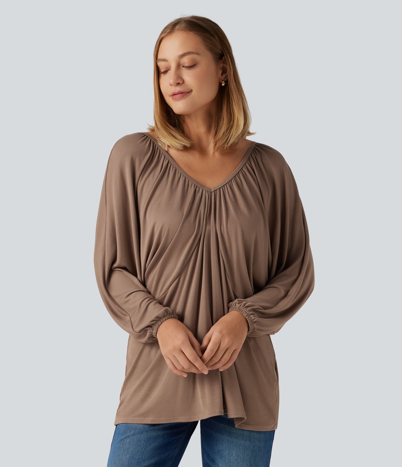 V Neck Batwing Long Sleeve Tie Ruched Casual Blouse