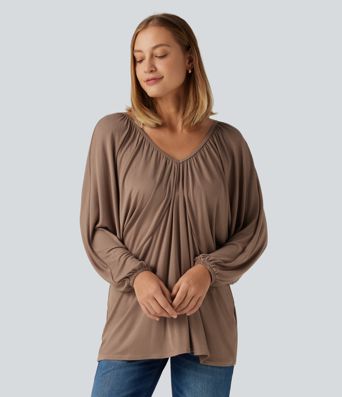 V Neck Batwing Long Sleeve Tie Ruched Casual Blouse