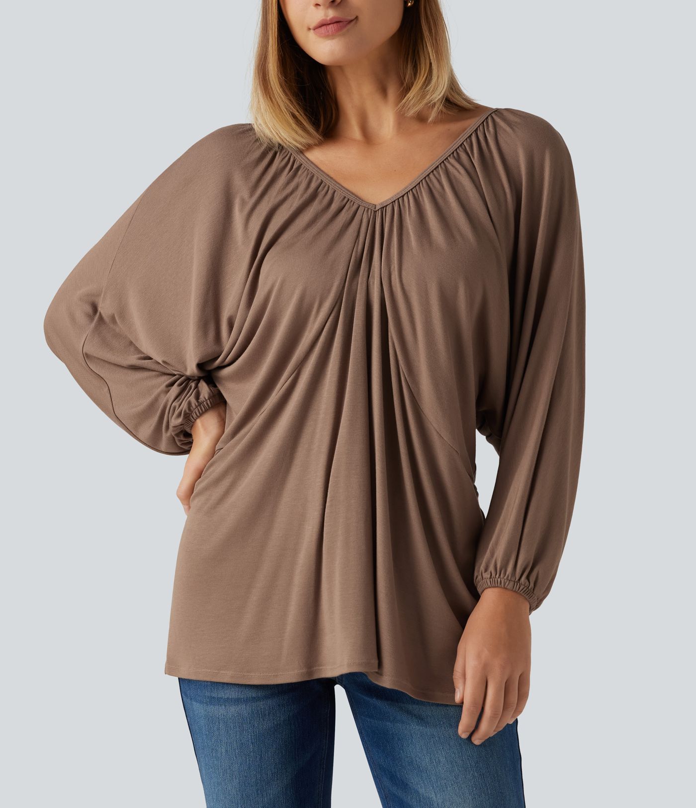 V Neck Batwing Long Sleeve Tie Ruched Casual Blouse
