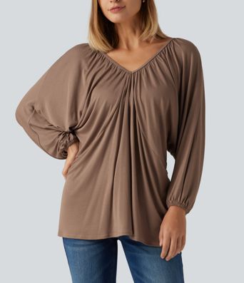 V Neck Batwing Long Sleeve Tie Ruched Casual Blouse