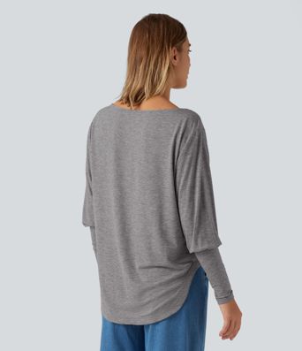Boat Neck Long Batwing Sleeve Curved Hem Casual Wool-Blend Top